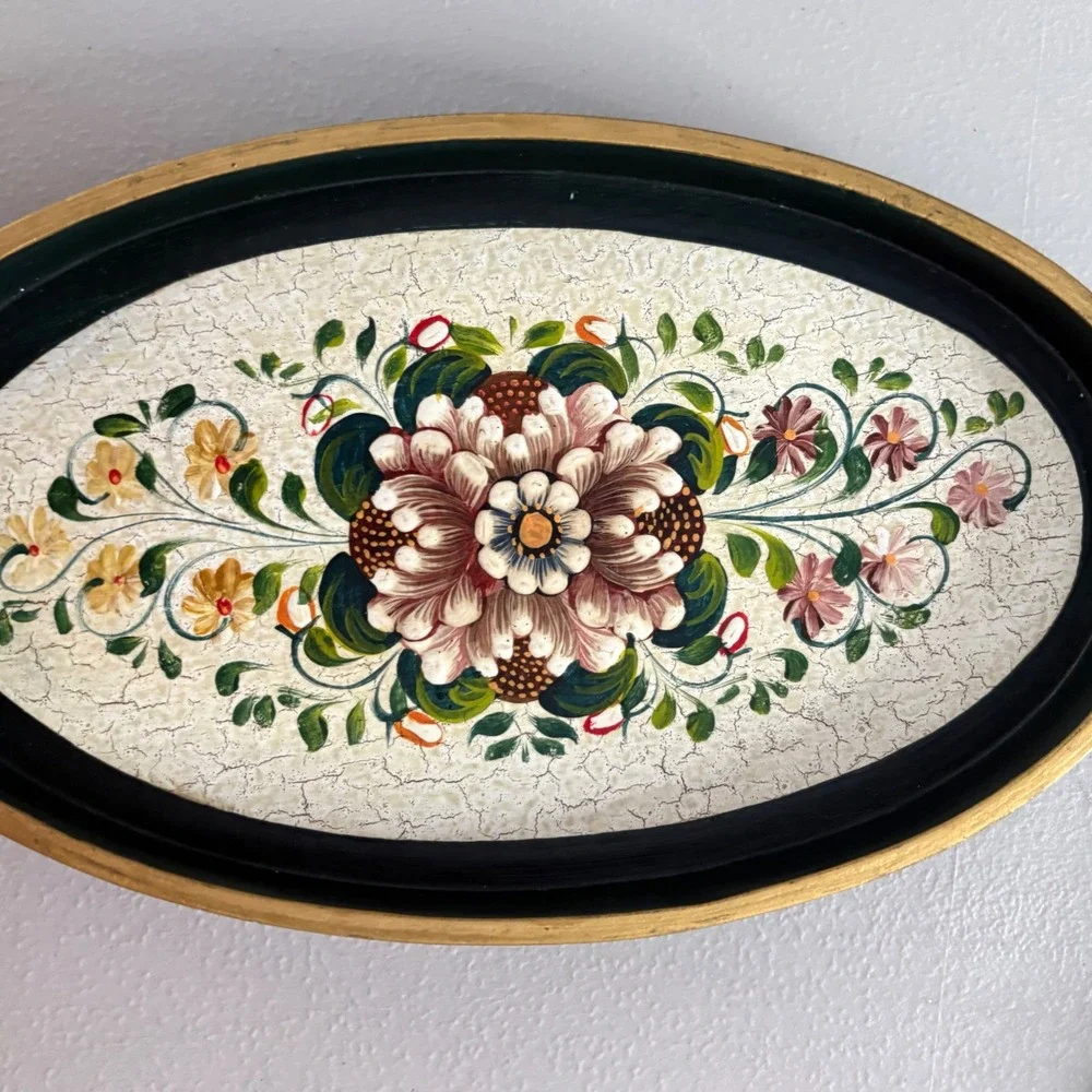 Vintage Floral Hand Painted Nesting Trays Set of 3 Oval Black Gold Crackle Folk